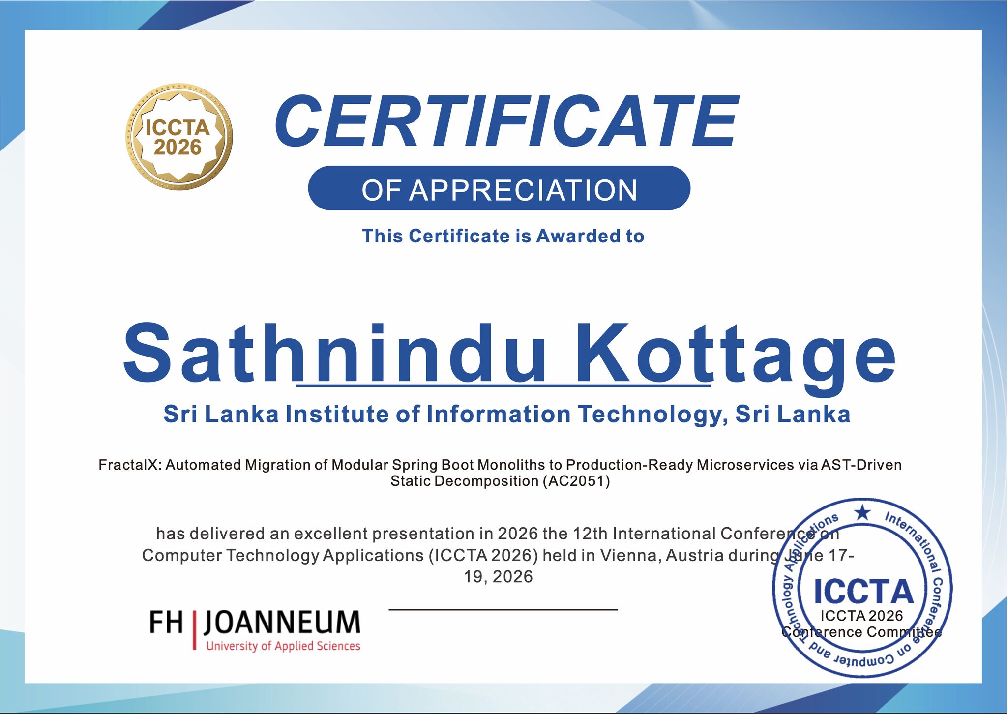Certificate of Appreciation, FH JOANNEUM